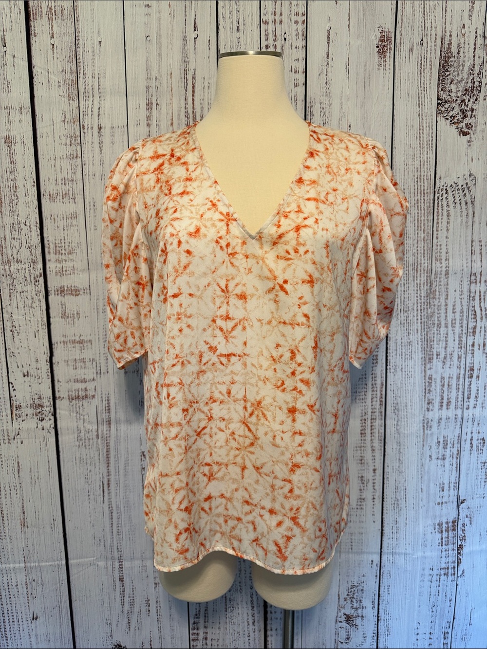 Dkny Cream V-Neck Short Sleeve Blouse with Orange‎ Print